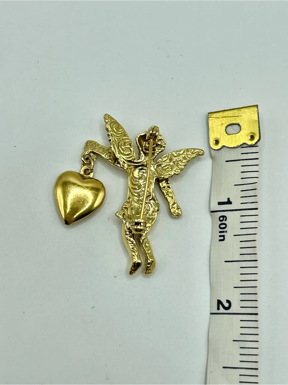 1928 Gold Tone Angel Cherub Brooch with Heart Charm Dangle